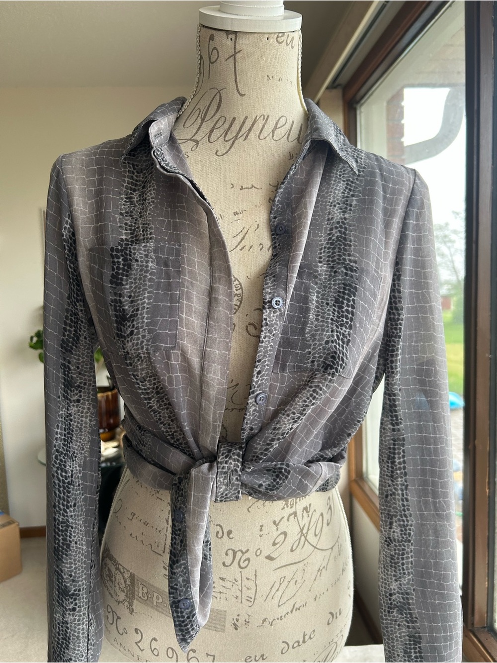 Gray Snake-Print Button Front Shirt